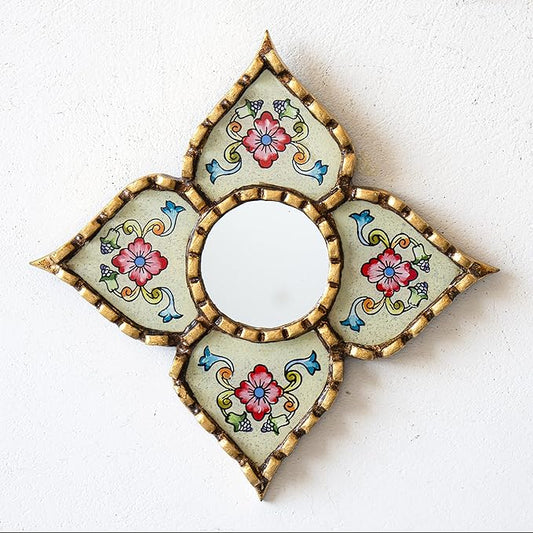 Small Peruvian Mirror, Handmade Artisan Mirror Wall Decor, Reverse Painted Glass Diamond Shape Mirrors 8.26" (Beige)