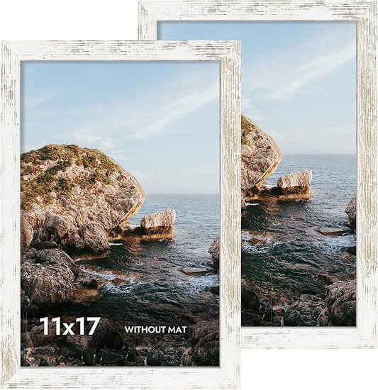 iRahmen 11x17 Picture Frame with Plexiglass - Wooden Poster Frame for Photo Wall Gallery Mounting (Distressed-White, Set of 2)