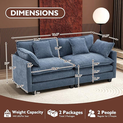Ihanherry Cloud Sofa 77 Inch Loveseat, Modern Sectional Couch, 2-Seats Sofa for Living Room Bedroom and Apartment, Comfy Double Layer Upholstered Seat Cushion, Breathable Chenille Fabric, Blue