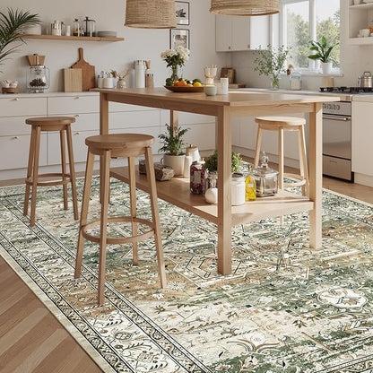 Soalmost 9x12 Area Rugs for Living Room, Non Slip Machine Washable Vintage Rugs, Low Pile Lightweight Large Rug for Bedroom, Dining Room, Home Office Olive