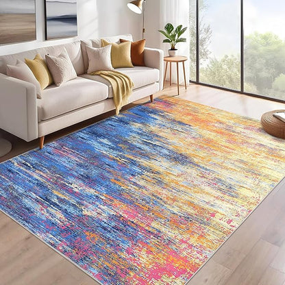 ROYHOME Modern Abstract Area Rug 4x6 Washable Rug for Living Room, Ultra Soft Rug for Bedroom, Non Slip Indoor Floor Carpet, Stain Resistant Rugs for Home Decor Office, Blue/Orange