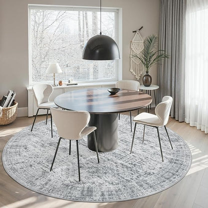 Soalmost 8x8 Grey Round Rug 8ft Living Room Circle Rug Vintage Round Area Rug Non Slip Indoor Carpet for Apartment