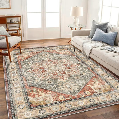 CHAMPLANT Area Rug 5'x7' Red Khaki Washable Vintage Traditional Floor Cover Thin Retro Kitchen Indoor Distressed Non Slip Carpet Floral Print Area in Living Room Bedroom Dining Room