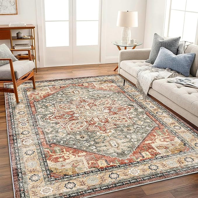 CHAMPLANT Washable Area Rug 10'x14' Red Khaki Retro Flowers Boho Design Non-Shedding Easy Care Ideal for High Traffic Areas in Living Room Bedroom Office Coffee Table Kitchen Large Carpet