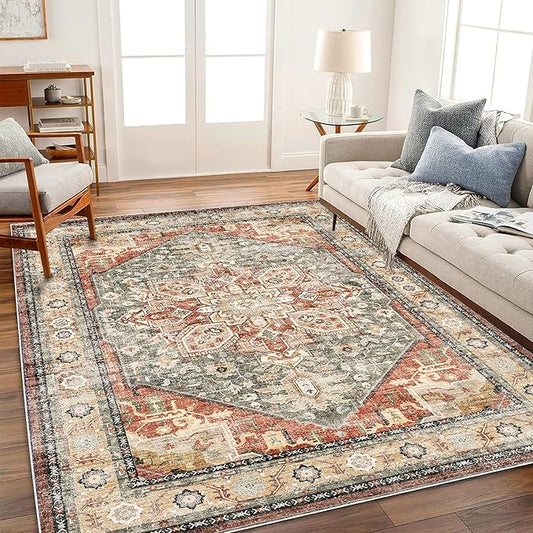 CHAMPLANT Area Rug 6'x9' Red Khaki Washable Vintage Traditional Floor Cover Thin Retro Kitchen Indoor Distressed Non Slip Carpet Floral Area for Living Room Bedroom Dining Room