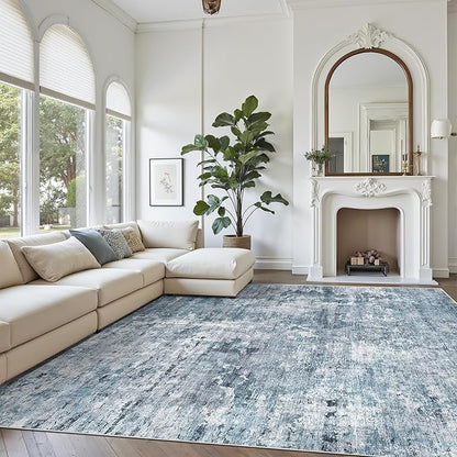 Soalmost Area Rug 10x12 Vintage Washable Living Room Large Carpet Non Slip Bedroom Indoor Office Dining Room Low Pile Thin Rug Blue/Grey