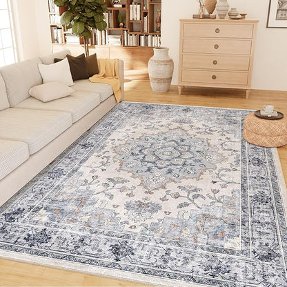 CAPALOCA Machine Washable Rugs Nursery Rug 4x6 Cute Girl Non Slip Low Pile Water Repellent Soft Print Pattern for Bedroom Indoor Decor Kids Playroom Blue White