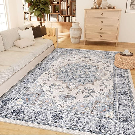 CAPALOCA Machine Washable Rugs Nursery Rug 4x6 Cute Girl Non Slip Low Pile Water Repellent Soft Print Pattern for Bedroom Indoor Decor Kids Playroom Blue White