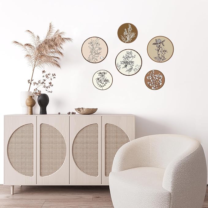 MuSeek 6 Pieces Earthy Boho Botanical Wood Wall Art, Round Neutral Room Decor for Bedroom Living Room, Rustic Plant Printed Wooden Hanging Wall Sculptures (7.8" & 9.8") ﻿