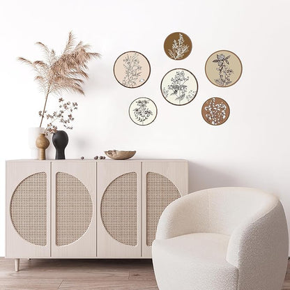 MuSeek 6 Pieces Earthy Boho Botanical Wood Wall Art, Round Neutral Room Decor for Bedroom Living Room, Rustic Plant Printed Wooden Hanging Wall Sculptures (7.8" & 9.8") ﻿