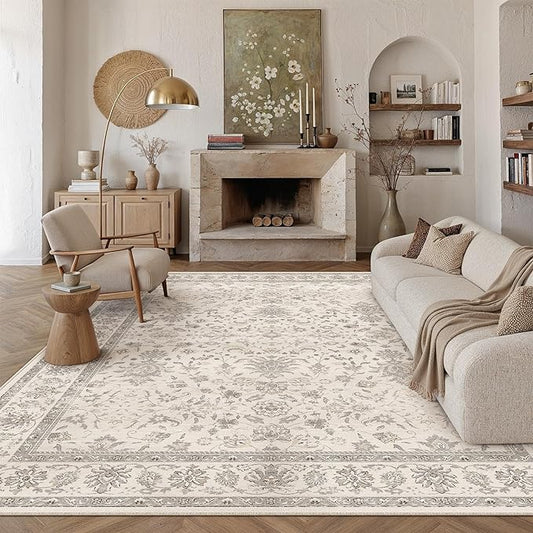 PureCozy 9x12 Area Rug Beige Washable Vintage Carpet Living Room Bedroom Large Non Slip Stain Soft Resistant Low Pile Thin Boho Accent Indoor Throw Rug for Dining Room Office