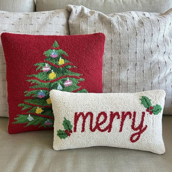 Hand Hooked Christmas Pillow - 16X16 inches Throw Pillow for Couch or Dorm (Tree Ornaments)