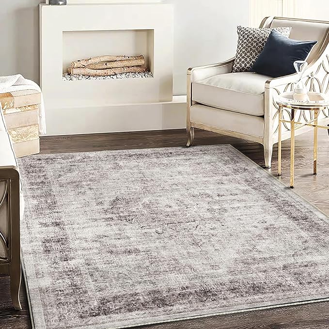 CHAMPLANT Area Rug 5'x7' Washable Rug Floral red Vintage Traditional Floor Cover Thin Retro Kitchen Indoor Distressed Non Slip Carpet for Living Room Bedroom Dining Room