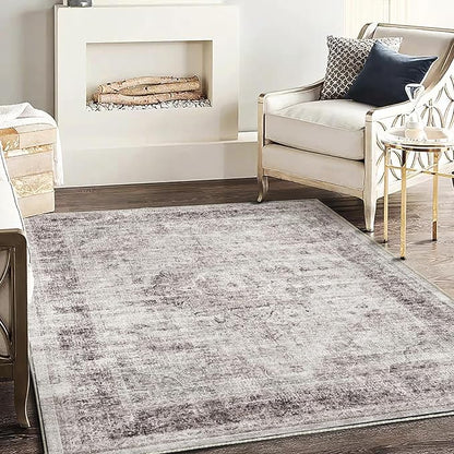 CHAMPLANT Washable Area Rug 4'x6' Floral red Traditional Floor Cover Foldable Thin Rugs Retro Kitchen Indoor Distressed Non Slip Carpet Floral Print Mat Bedroom Living Room