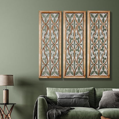 XIAOAIKA Hand Carved Boho Wood Wall Art - Decorative Large Wall Panels, Antique Distressed Wood Sculpture, Elegant Wall Decor Hanging Plaque, Suitable for Gifting (35.5 Inch, 3 Panels)