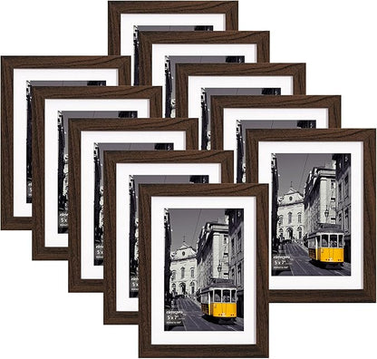 eletecpro 5x7 Picture Frames Set of 10, Picture Frame Collage Wall Decor Displays 4x6 Photo With Mat or 5x7 without Mat, Home Decor Gallery Frame for Table Top or Wall Mounting, Walnut Brown