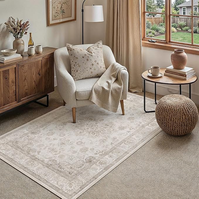 PureCozy Beige Area Rug 3x5 Washable Vintage Entryway Office Carpet Non Slip Soft Low Pile Distressed Medallion Door Mat Indoor Retro Accent Throw Rug for Bathroom Kitchen Bedroom Dining Room
