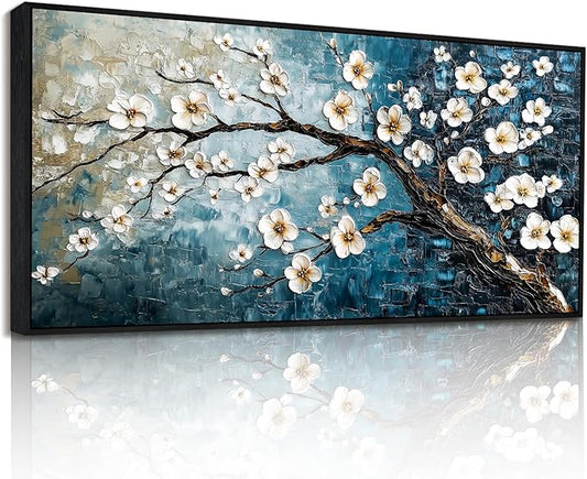 crmotu Large Plum Blossom Wall Art, Japanese Teal Tree Oil Paintings Prints Framed Artwork, Modern Blue Tree Pictures Wall Decor Living Room Bedroom Home Office, 32"x71"