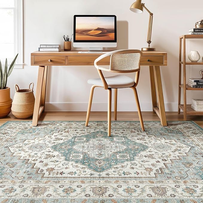 7x10 Area Rug Living Room: Washable Boho Large Neutral Vintage Soft Rug Stain Resistant Farmhouse Non-Slip Indoor Floor Carpet for Bedroom Nursery Kids Playroom Office Dining Room Home- Teal Brown