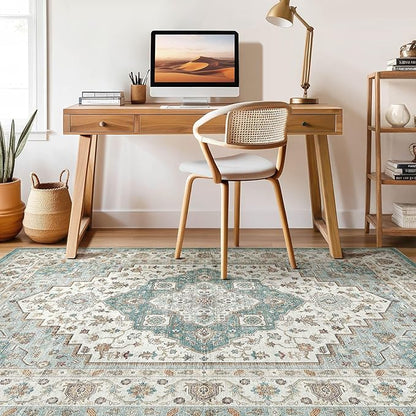 9x12 Area Rug Living Room: Washable Boho Large Neutral Vintage Soft Rug Stain Resistant Farmhouse Non-Slip Indoor Floor Carpet for Bedroom Nursery Kids Playroom Office Dining Room Home- Teal Brown
