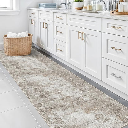 Long Runner Rug for Hallway 2x10 Ft - Non-Slip Washable Carpet Runner for Kitchen Hall Indoor Entryway, Bedroom, Living Room, Modern Abstract Low-Pile （Beige Grey）