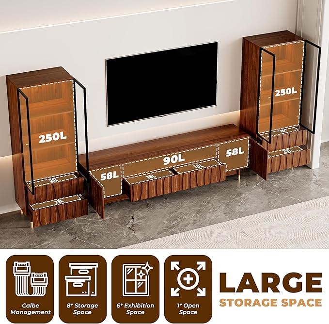 125" Walnut Finish Entertainment Center for 55/65/75 inch TV, Included 78.7'' TV Stand and 2 Glass Display Cabinet, 3-Piece Brown Mid Century Modern Wood Media Console for Living Room