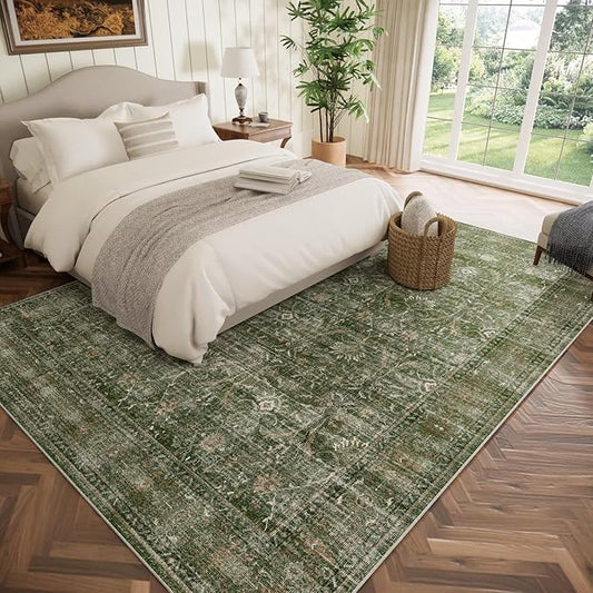 Washable 8x10 Area Rugs for Living Room, Boho Non-Slip Vintage Distress Large Rugs for Bedroom Dining Room Nursery Office, 0.3" Neutral Oriental Throw Thin Carpet, Grass Green/Multi, D1