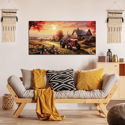 ANCXWOTER Canvas Wall Art Sunset Landscape Canvas Prints Vintage Red Tractor for Living Room Bedroom Office Home Decor Country Farmhouse Artwork 20x40 Inch