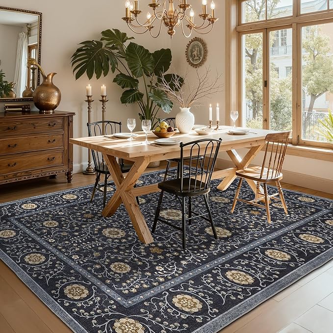 GarveeHome Boho 8x10 Area Rugs for Living Room, Floral Vintage Rugs for Bedroom with Soft Low Pile, Non Slip Stain Resistant Washable Rug 8x10 for Dining Room Blue Large Carpet for Office Playroom
