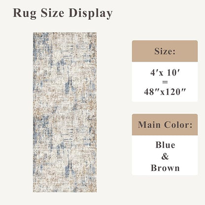 4x10 ft Extra Wide Hallway Rug – Non-Slip Washable Rubber-Backed Large Carpet Runner for Kitchen, Entryway | Modern Abstract, Low-Pile Thin Floor Mat for Bedroom Living Room Dining Room(Blue Brown)