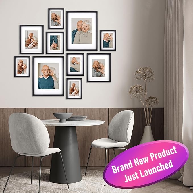 10 Piece Shadow Box Style Gallery Wall Frame Set – Deep Photo Frame Set with Mat for 8x10, 5x7 and 4x6 - Multiple Sizes Picture Frame Set for Wall Collage – Assorted Picture Frames for Wall (Black)