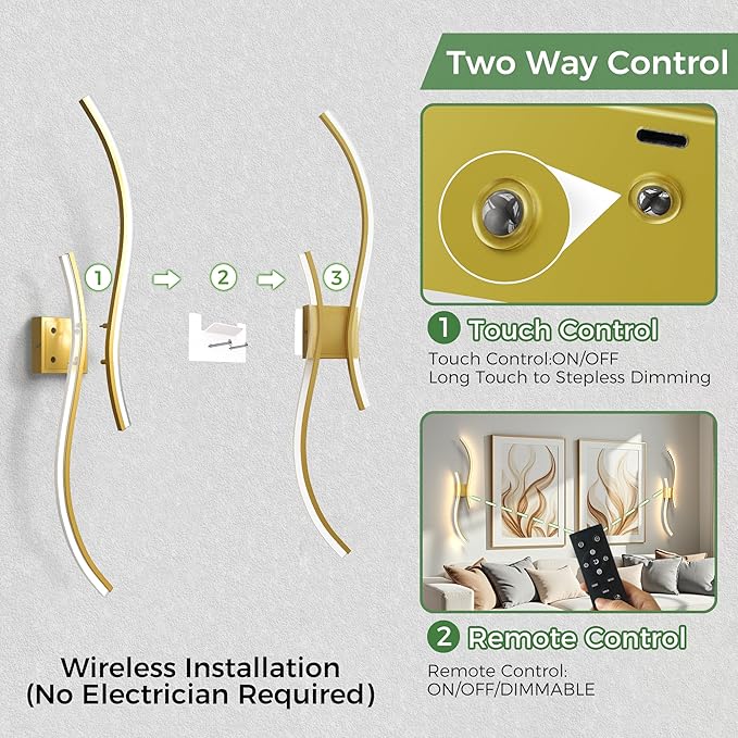 DORESshop Battery Operated Wall Sconces Set of 2, Acrylic Modern Wireless Rechargeable Wall Lights with Dimming, 3000K-6000K, 8000mAh, Sconce Wall Decor for Living Room, Hallway, Bedroom, Gold, 39in