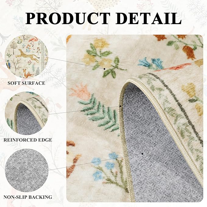 DUKINO Runner Rug, 2x7 Washable Kitchen Rugs for Hallways with Non Slip Backing, Soft Low Pile Vintage Animal Runner for Kitchen, Hallway, Entryway, Laundry, Bedroom, Beige