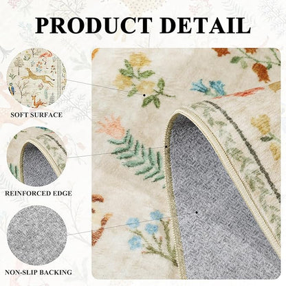 DUKINO 9x12 Rug, Washable Animal Living Room Rug with Non Slip Vintage Design, Soft Low Pile Large Carpet for Bedroom, Nursery, Dining Room, Farmhouse, Playroom, White