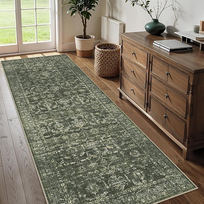 3x8 Green Runner Rug Hallway Washable Area Rugs Kitchen Vintage Boho Non Slip Long Rug Floral Carpet Indoor Retro Soft Low Pile Throw Rug for Bedroom Bathroom Laundry Dining Living Room Office