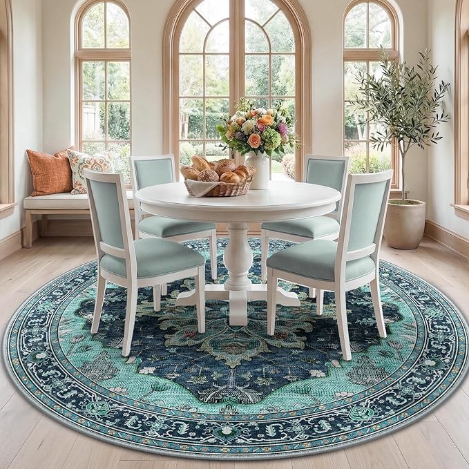 RELEANY Area Rugs Round 7ft Washable Non-Slip, Floral Vintage Distress Print Pattern Medallion Carpet for Living Room Bedroom Dining Room, Teal Green Lake Blue Turquoise