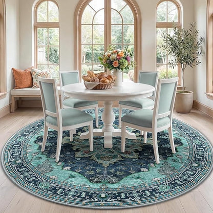 RELEANY Area Rugs Round 7ft Washable Non-Slip, Floral Vintage Distress Print Pattern Medallion Carpet for Living Room Bedroom Dining Room, Teal Green Lake Blue Turquoise