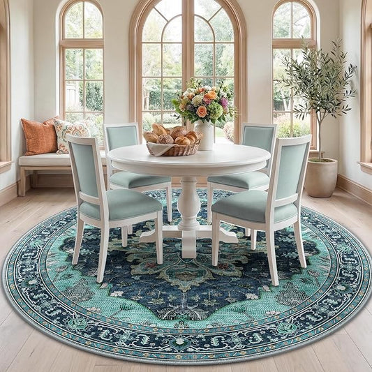 RELEANY Area Rugs Round 7ft Washable Non-Slip, Floral Vintage Distress Print Pattern Medallion Carpet for Living Room Bedroom Dining Room, Teal Green Lake Blue Turquoise