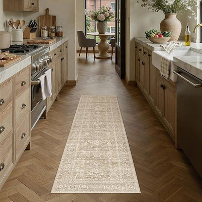 2x6 Washable Runner Rug for Hallway Kitchen Vintage Beige Non Slip Low Pile Carpet Traditional Retro Soft Throw Rug for Bathroom Bedroom Entryway Indoor Entrance