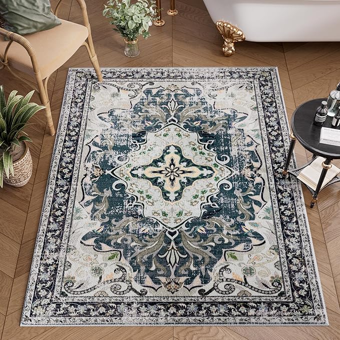 RUSHUFFY 2x3 Washable Small Rug Door Mat, Rugs for Entryway, Vintage Boho Distressed Print Non-Slip Carpet, Throw Rug for Indoor Entrance Kitchen Bedroom Bathroom Laundry Floor, Slate Blue & Beige
