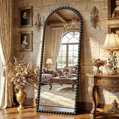 Antok 57" x 21" Arched Full Length Mirror, Antique Beaded Frame Floor Standing or Wall Mounted Mirror with Stand for Bedroom, Entryway, Black, Luxury Style