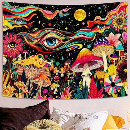 Leeisysme Colorful Hippie Abstract Tapestry, Fantasy Aesthetic Eye Mushroom Floral Wall Hanging for Bedroom Dorm Living Room Decor, 60x80 inches