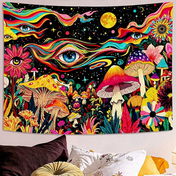 Leeisysme Colorful Hippie Abstract Tapestry, Fantasy Aesthetic Eye Mushroom Floral Wall Hanging for Bedroom Dorm Living Room Decor, 36x48 inches