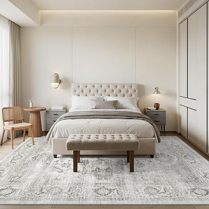 Washable 9x12 Area Rug - Large Ultra-Thin Rugs for Living Room Stain Resistant Non Slip Area Rugs for Bedroom Vintage Home Decor Indoor Floor Mat (Ivory/Gray,9'x12')