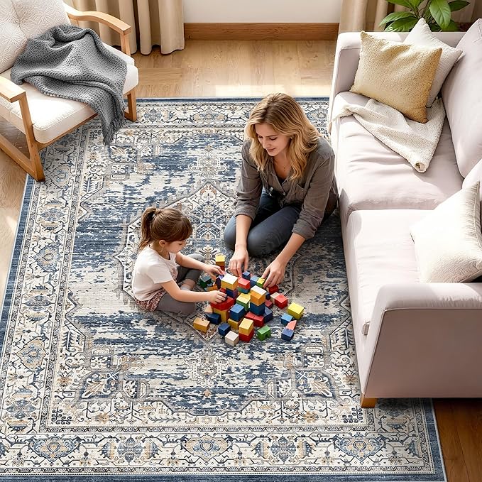 Washable Area Rugs 5x6 Entryway: Soft Ultra Thin Low Pile Mat Machine Washable Indoor Doormat Lightweight Entry Rug Anti Slip Backing Rugs for Living Room Bedroom Kitchen 5'x6' Blue