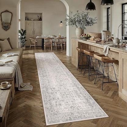 PureCozy Gray Runner Rug 3x12 Hallway Machine Washable Kitchen Vintage Distressed Non Slip Long Carpet Indoor Grey Retro Floral Bedroom Accent Throw Rug for Bathroom Office Laundry Dining Living Room