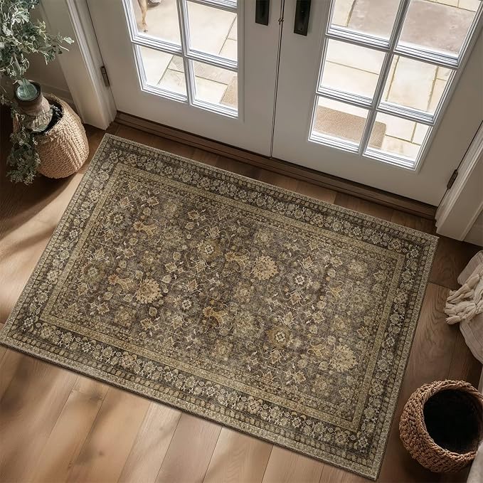 Washable 3x5 Entryway Rug, Boho Non-Slip Vintage Distress Small Rugs for Kitchen Nursery Office Bedroom, 0.3" Neutral Oriental Throw Thin Carpet with Cushioning Pad, Red/Brown/Multi, C4