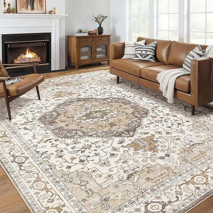 Area Rug for Living Room - 8x10 Soft Washable Oriental Vintage Floral Distressed Large Carpet - Fade Stain Resistant Non Slip Rugs for Bedroom Dining Room Nursery Dorm Office Home Decor-Camel/Beige