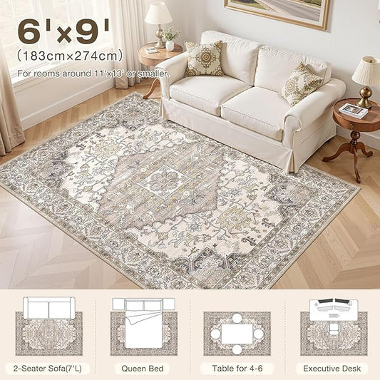 6x9 Washable Area Rugs for Living Room: Non Slip Vintage Brown Rug, Large Soft Stain Resistant Indoor Floor Carpets for Bedroom Dining Room Farmhouse Nursery Home Office Kid & Pet Friendly