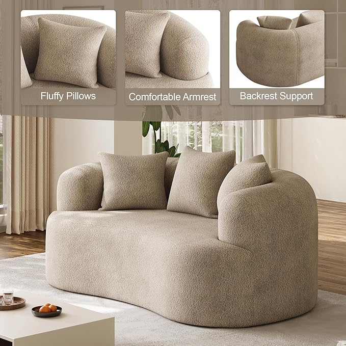 DAMAIFROM 68.5" Loveseat Sofa for Living Room, Modern Luxury Plush Chenille Extra Deep Seat Curved Cloud Floor Couch with 3 Throw Pillows for Small Spaces, No Assembly Needed, Light Brown